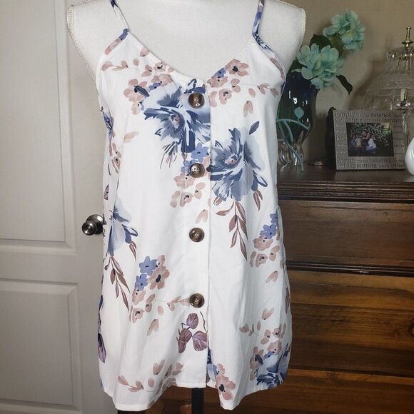 Pretty Blue Floral V Neck Cami Top womens size M medium Sleeveless Blouse - Picture 2 of 8